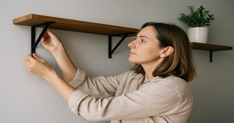 Femme posant une étagère murale avec deux équerres dans un intérieur moderne