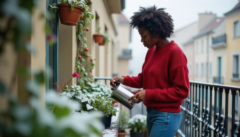 potager de blacon d herbes fraiches dans un appartement francais avec une jeune femme qui arrose mais attention il faut une rembarde derriere elle